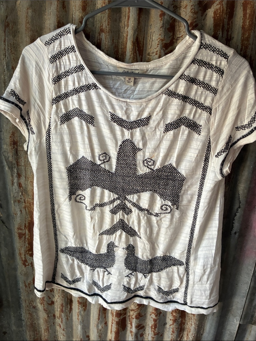 Lucky Brand White Short Sleeve Tee with Black Bird Embroidery